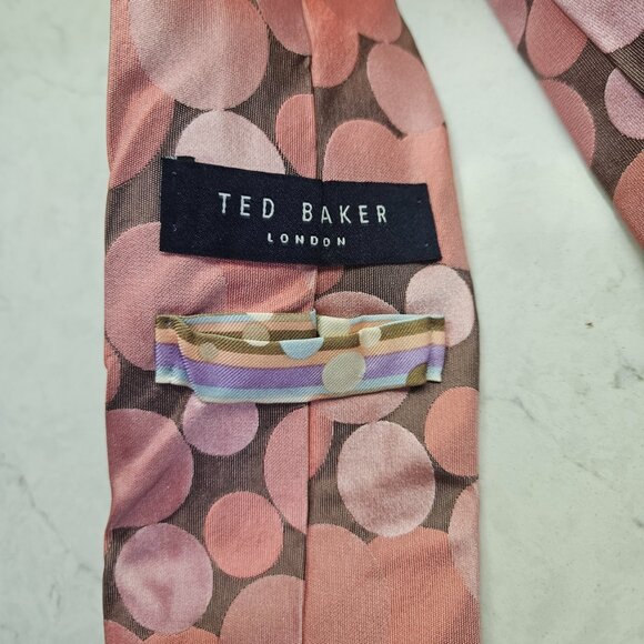 Ted Baker London Men’s Tie Pink Circles 100% Silk Hand Tailored - Picture 4 of 5